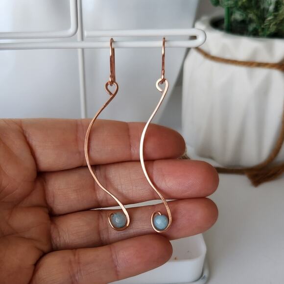 Handmade Copper Wire Wrapped Blue Aventurine Earrings - Elegant, Minimalist - Picture 7 of 7